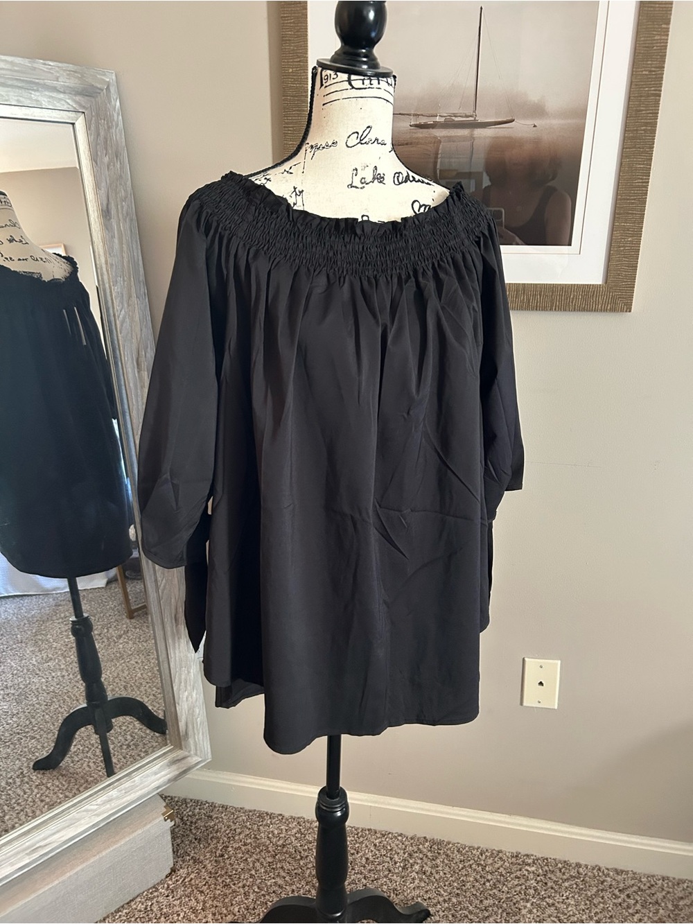 Black Off-Shoulder Smocked Neck Women’s Top